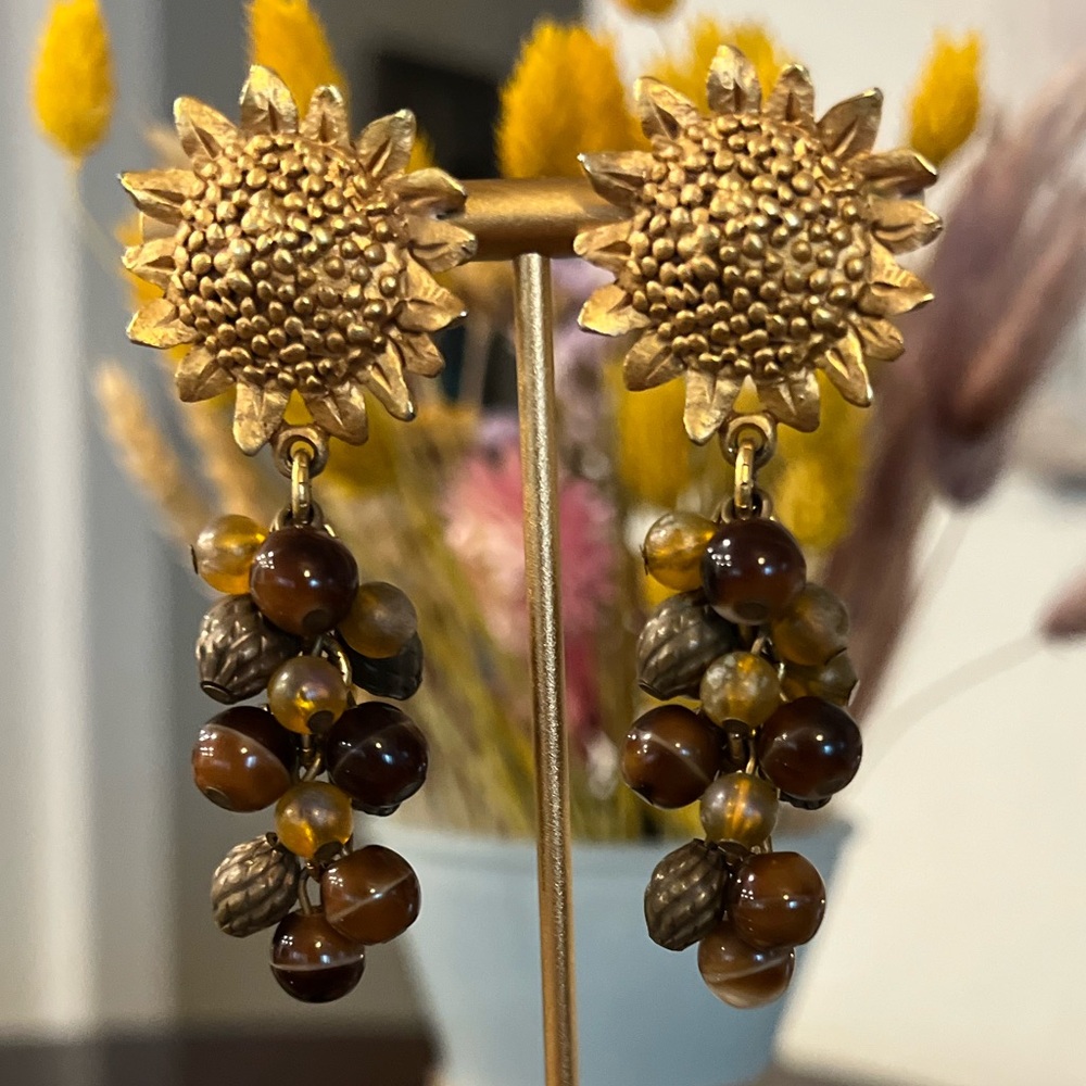 Vintage Kate Hines Sunflower Gold and Brown Beaded Dangle Earrings